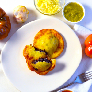 Gluten-free Oaxacan Black Bean Empanoli—flaky hand pies filled with smooth, savory black beans, served on a white plate with cheese and salsa.